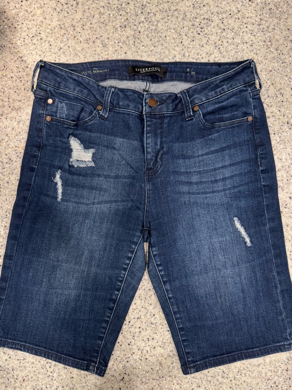 Liverpool Dark Blue Distressed Denim Bermuda Shorts Sz. 8/29